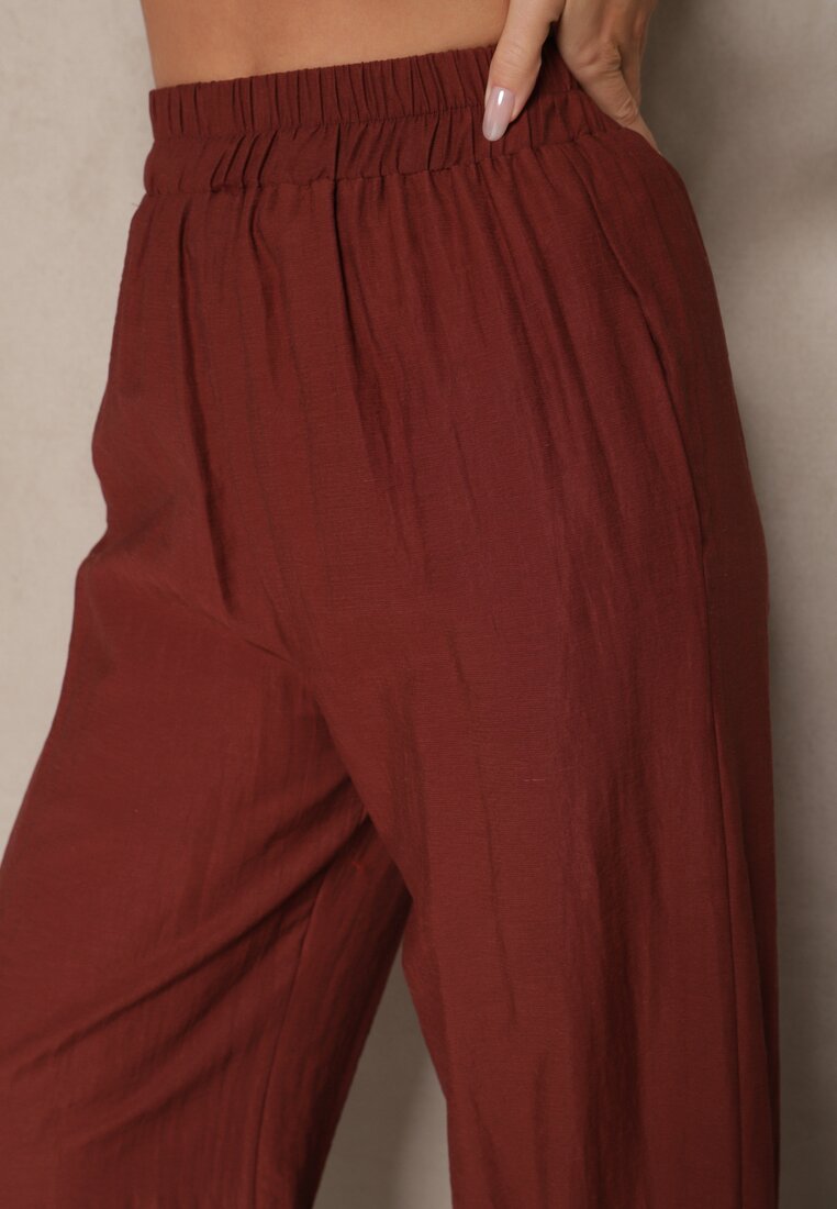 Bordowe Wiskozowe Spodnie Palazzo High Waist z Lnem Linaselia