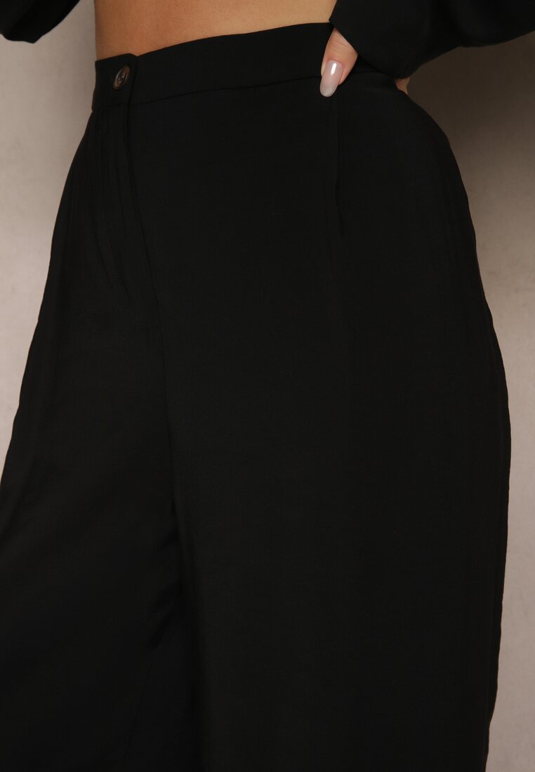 Czarne Spodnie Low Waist z Modalu z Szeroką Nogawką Reanelira