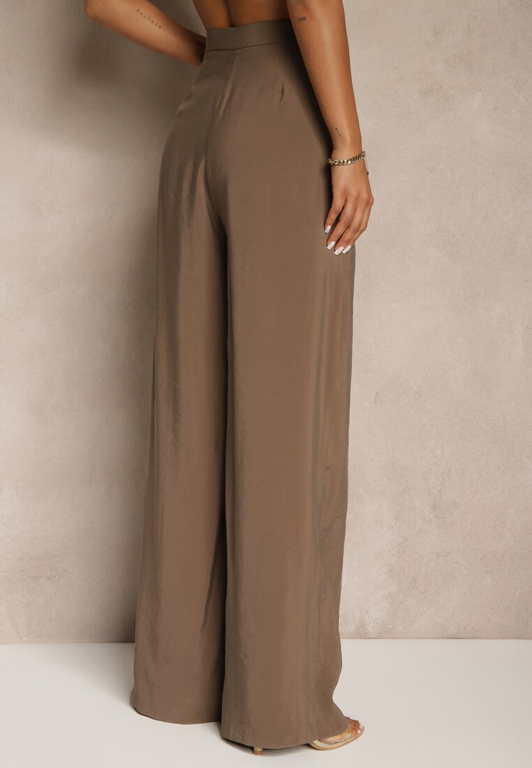 Brązowe Spodnie Low Waist z Modalu z Szeroką Nogawką Reanelira