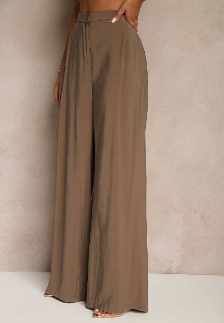 Brązowe Spodnie Low Waist z Modalu z Szeroką Nogawką Reanelira