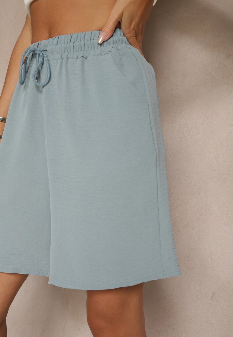 Niebieskie Szorty Dresowe z Bawełną High Waist Ozdobione Sznurkiem Talanisse