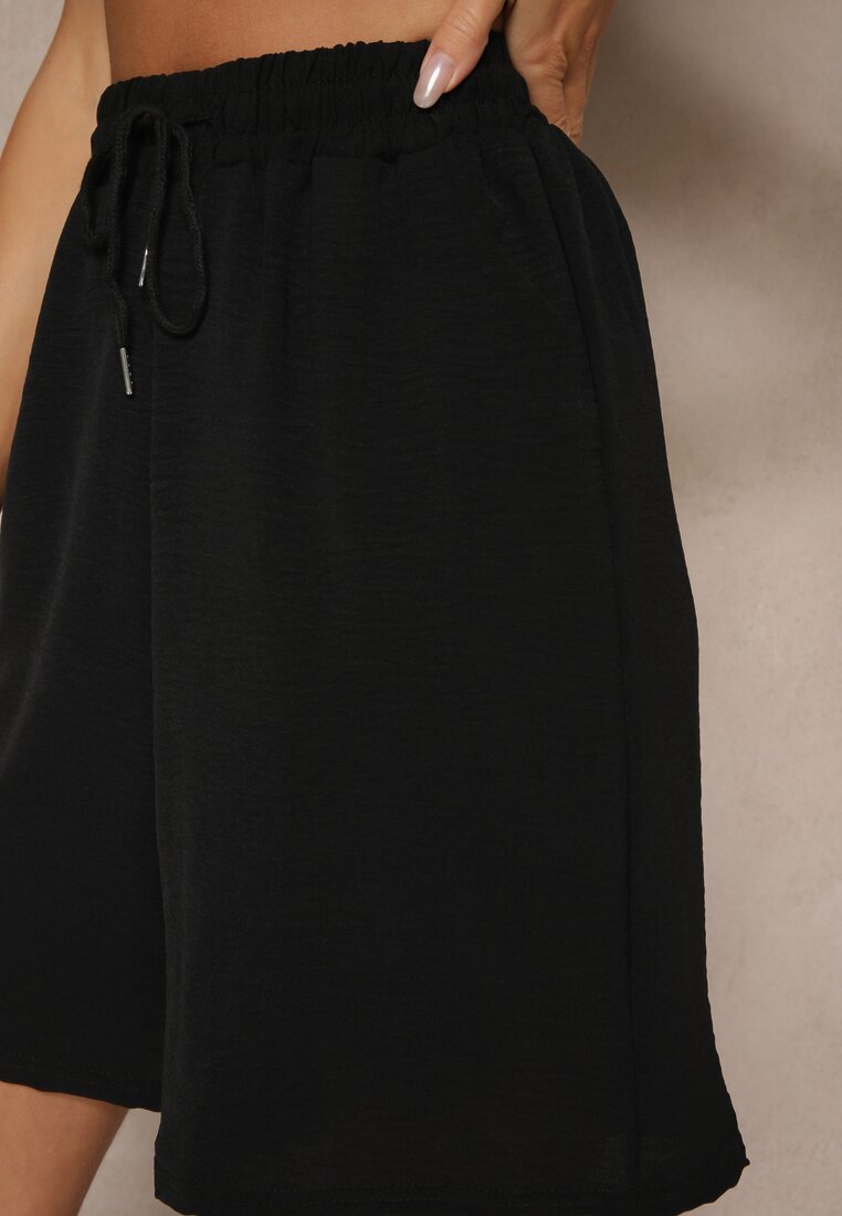 Czarne Szorty Dresowe z Bawełną High Waist Ozdobione Sznurkiem Talanisse