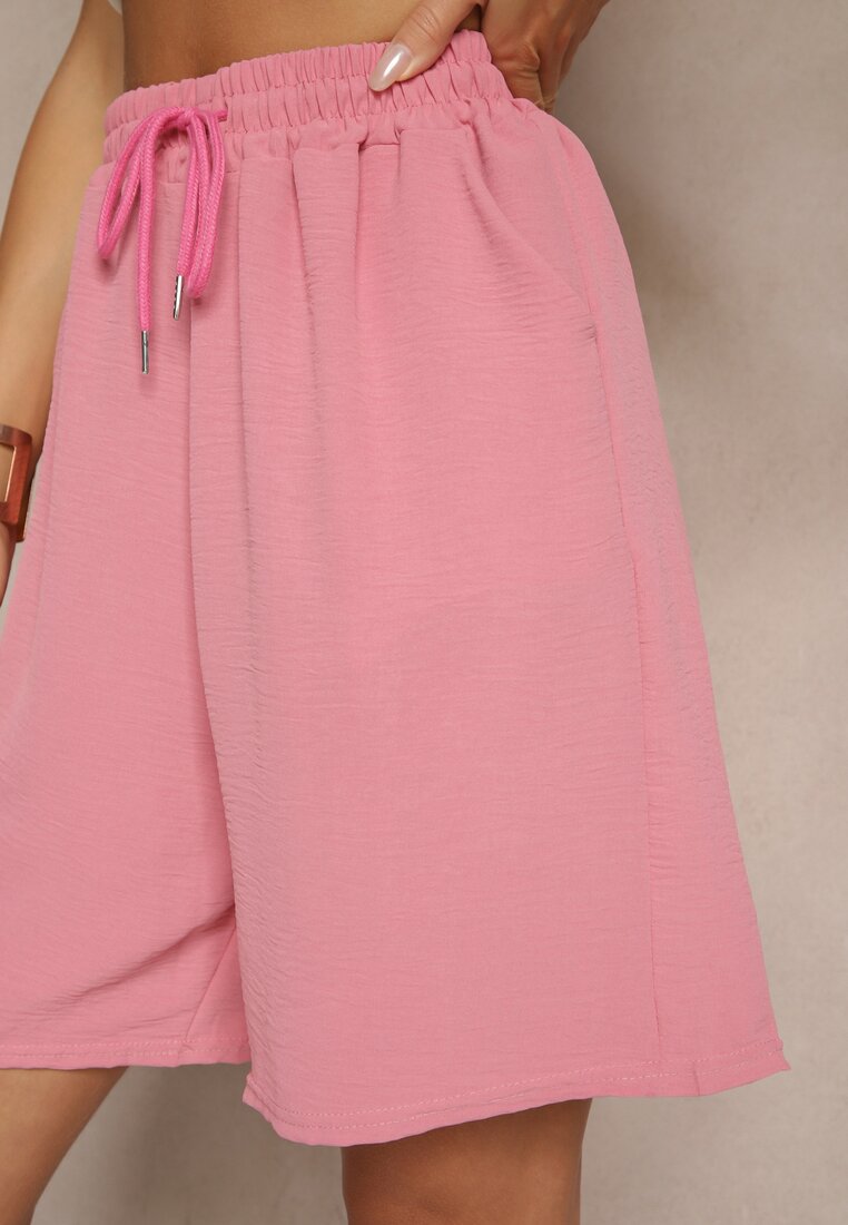 Jasnoróżowe Szorty Dresowe z Bawełną High Waist Ozdobione Sznurkiem Talanisse