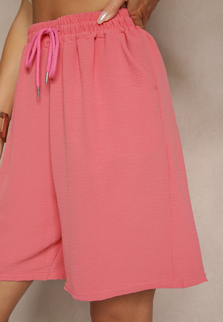 Różowe Szorty Dresowe z Bawełną High Waist Ozdobione Sznurkiem Talanisse