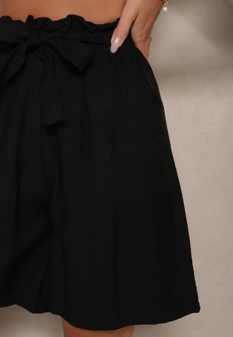 Czarne Szorty z Wiskozy High Waist Ozdobione Paskiem Lumilirae
