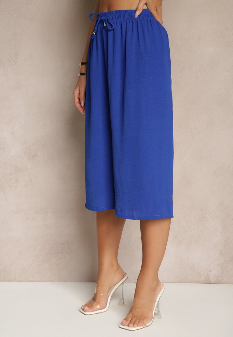 Niebieskie Spodnie Kuloty z Bawełną High Waist Azetia