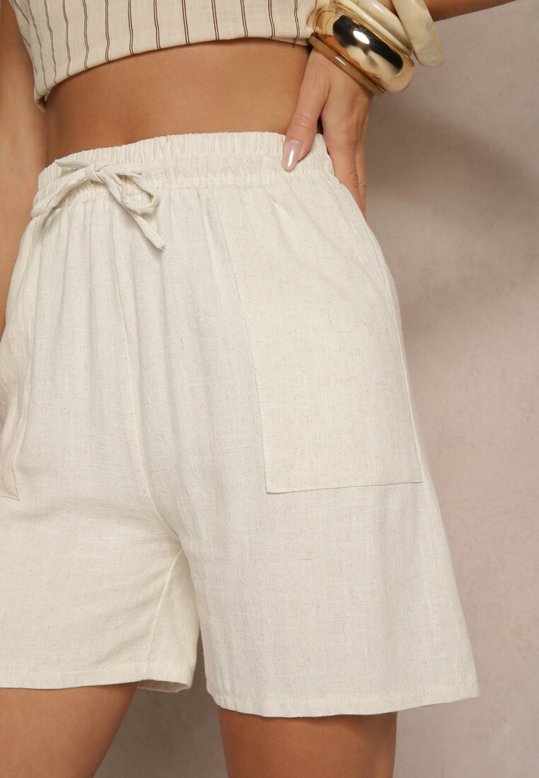 Beżowe Wiskozowe Szorty Bermudy High Waist z Lnem Dorotella
