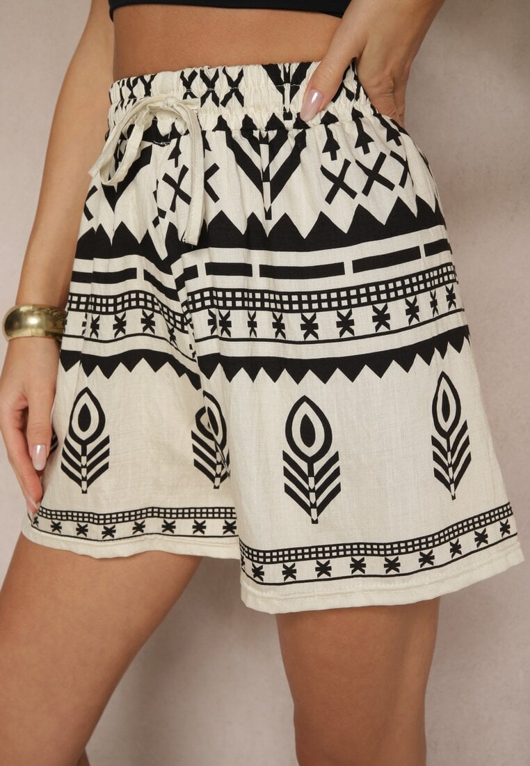 Czarno-Kremowe Wiskozowe Szorty High Waist ze Wzorem Boho Lunadora
