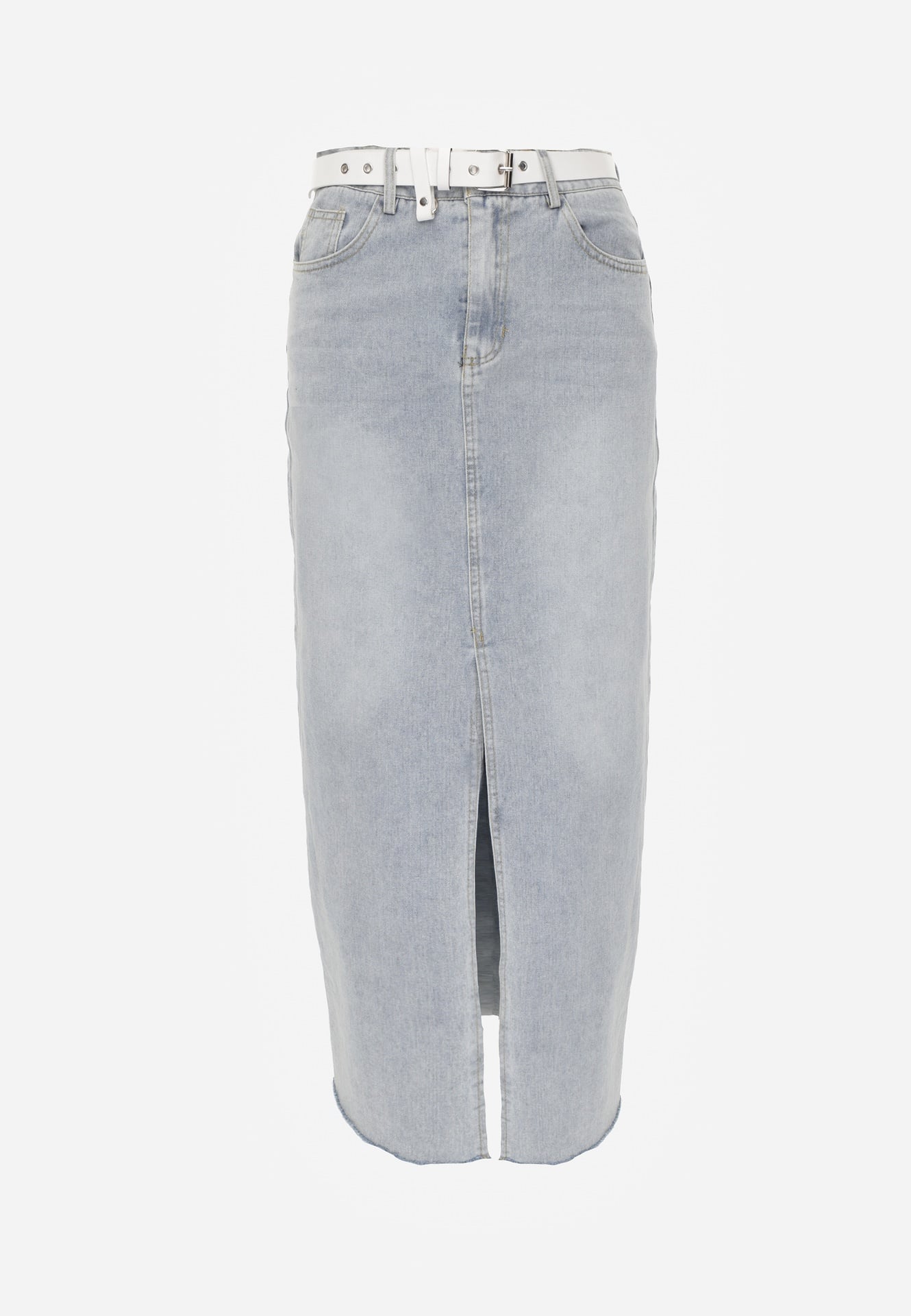 Jasnoniebieska Spódnica Jeansowa o Ołówkowym Kroju Zdobiona Rozcięciem Lisovira