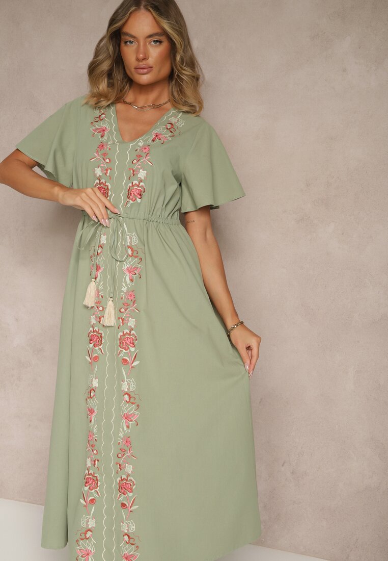 Zielona Rozkloszowana Sukienka z Bawełny w Stylu Boho z Ozdobnym Haftem Sersena