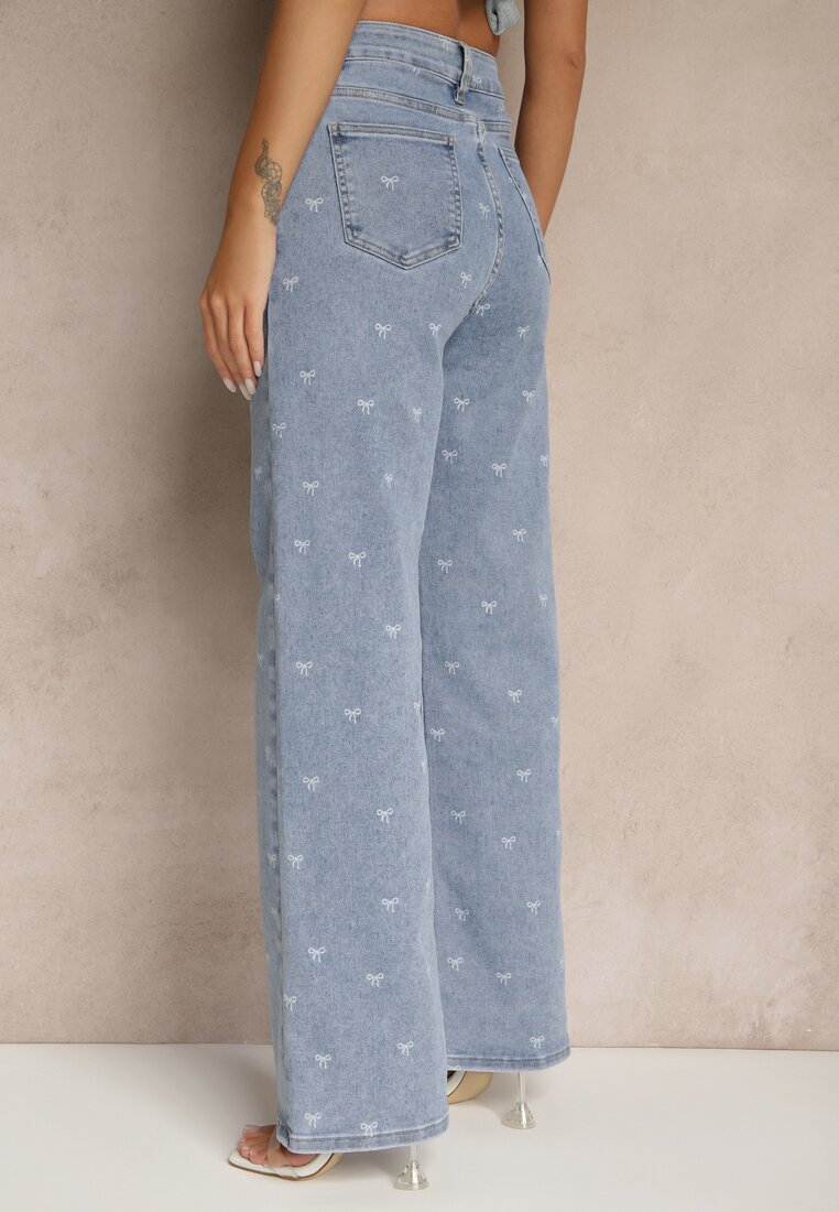 Niebieskie Jeansy High Waist z Szeroką Nogawką i Nadrukiem w Kokardki Folirela
