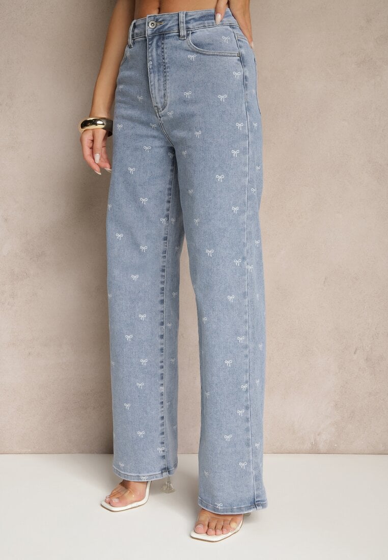 Niebieskie Jeansy High Waist z Szeroką Nogawką i Nadrukiem w Kokardki Folirela