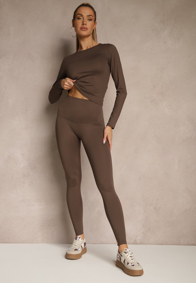 Brązowy Komplet Sportowy Legginsy i Top Typu Longsleeve Dorotia