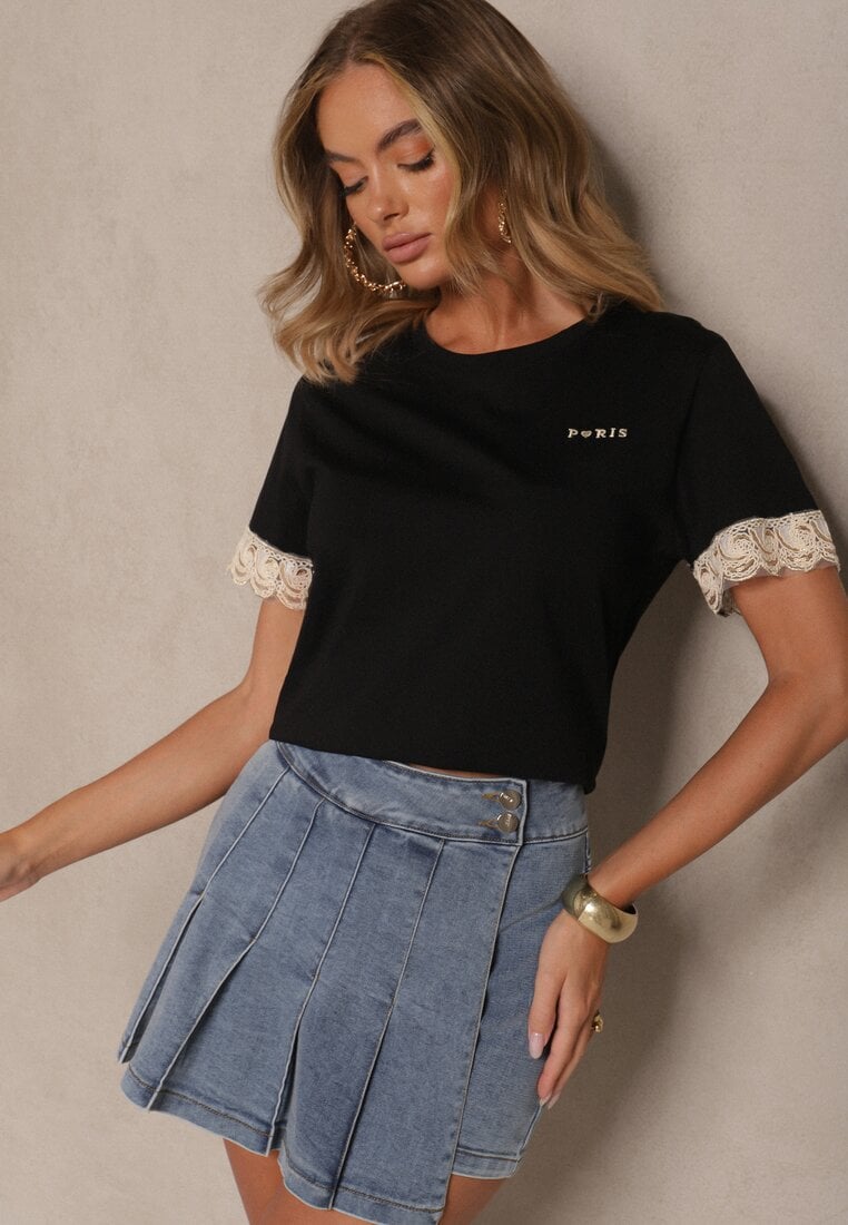 Czarny Bawełniany T-shirt z Koronkowymi Zdobieniami i Cekinami Drane