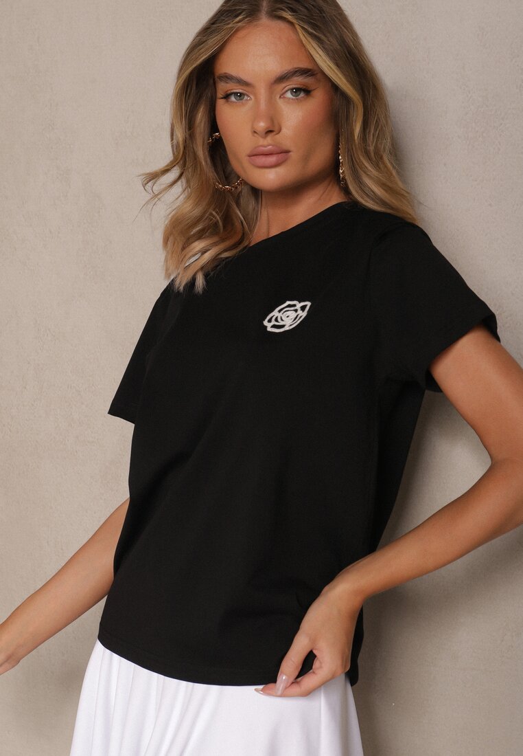Czarny Bawełniany T-shirt z Naszywką Firavelle