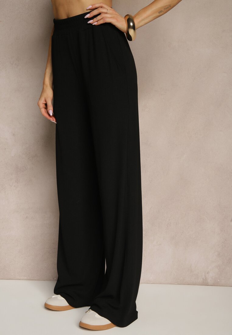 Czarny Komplet z Bawełny T-shirt Typu Crop Top i Spodnie Wide Leg Nelisandra