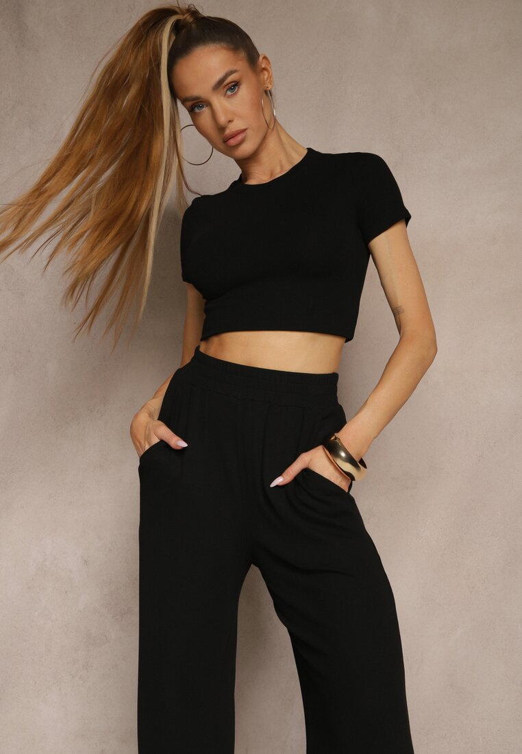 Czarny Komplet z Bawełny T-shirt Typu Crop Top i Spodnie Wide Leg Nelisandra