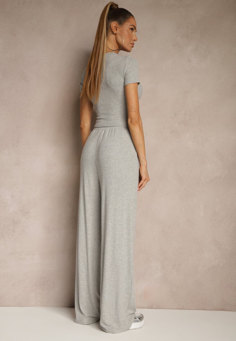 Szary Komplet z Bawełny T-shirt Typu Crop Top i Spodnie Wide Leg Nelisandra