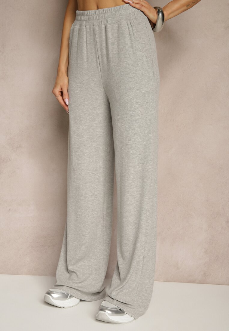 Szary Komplet z Bawełny T-shirt Typu Crop Top i Spodnie Wide Leg Nelisandra