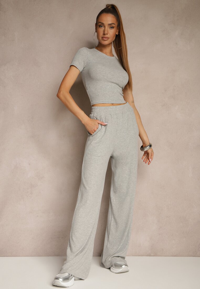 Szary Komplet z Bawełny T-shirt Typu Crop Top i Spodnie Wide Leg Nelisandra