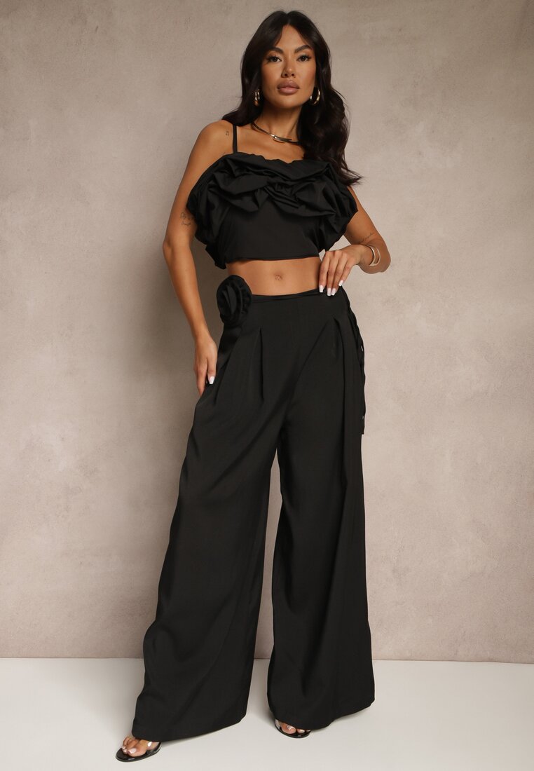 Czarne Spodnie o Szerokim Kroju High Waist z Kwiatem 3D Firalisse