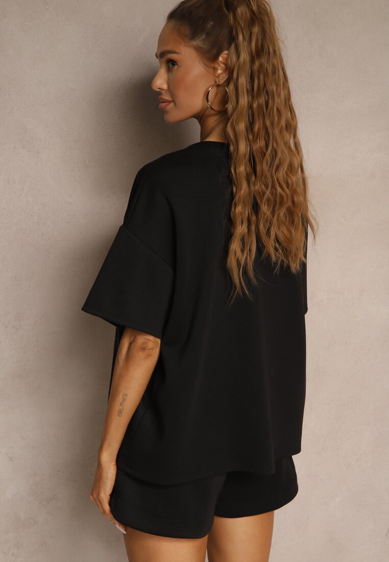 Czarny Komplet z Wiskozą o Fasonie Oversize T-shirt i Szorty Lirafina