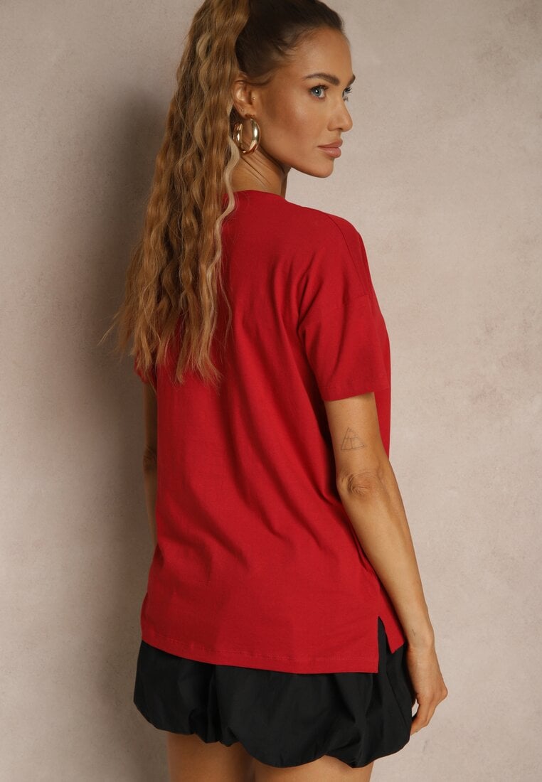 Bordowy Bawełniany T-shirt o Kroju Oversize Zilona