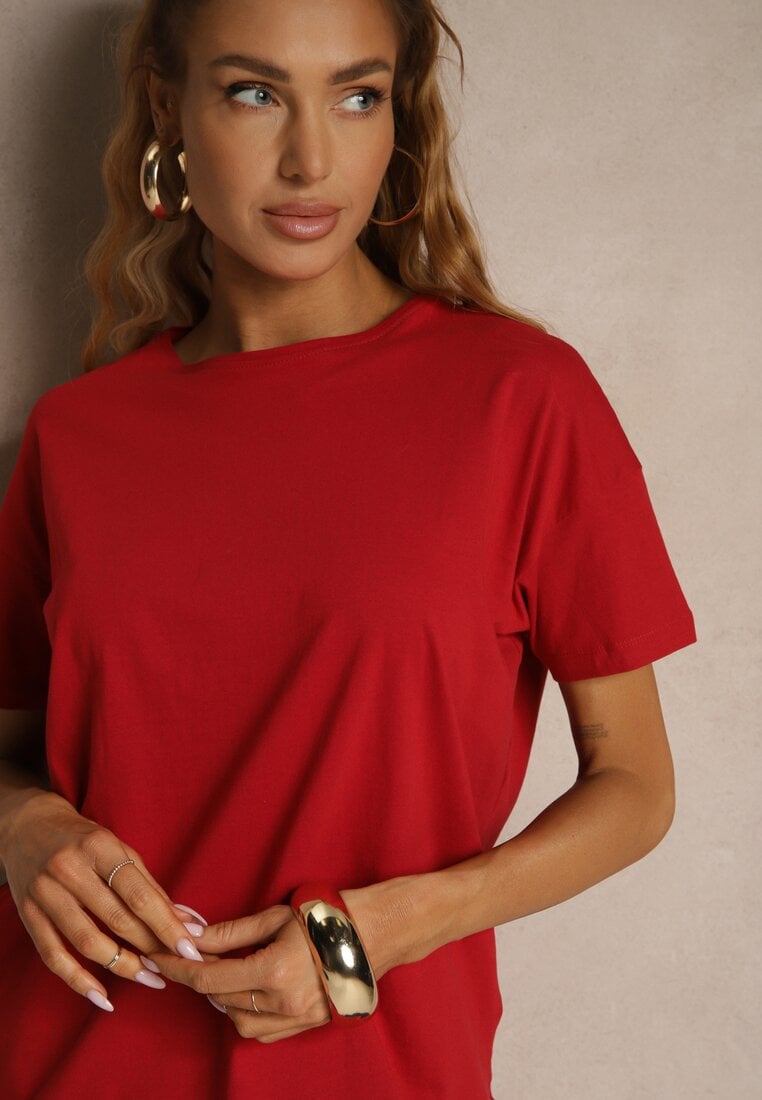 Bordowy Bawełniany T-shirt o Kroju Oversize Zilona