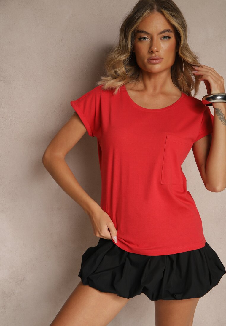 Czerwony Bawełniany T-shirt z Kieszonką Zireanda
