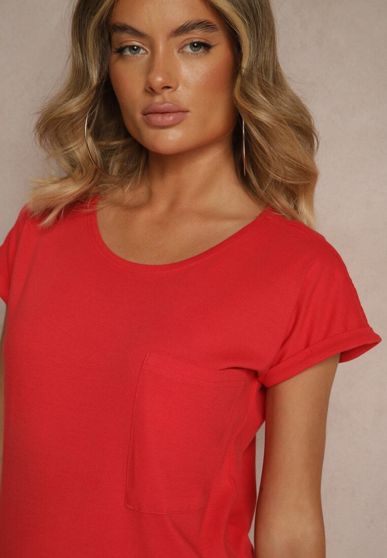 Czerwony Bawełniany T-shirt z Kieszonką Zireanda