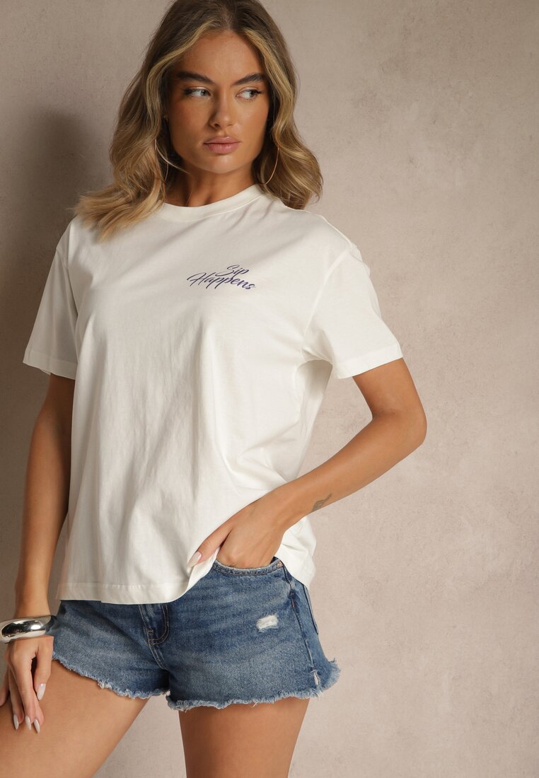 Jasnobeżowy T-shirt z Bawełny z Nadrukiem Adferia