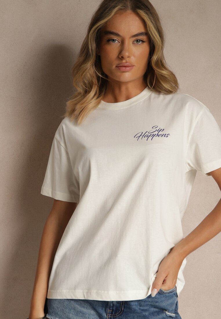 Jasnobeżowy T-shirt z Bawełny z Nadrukiem Adferia
