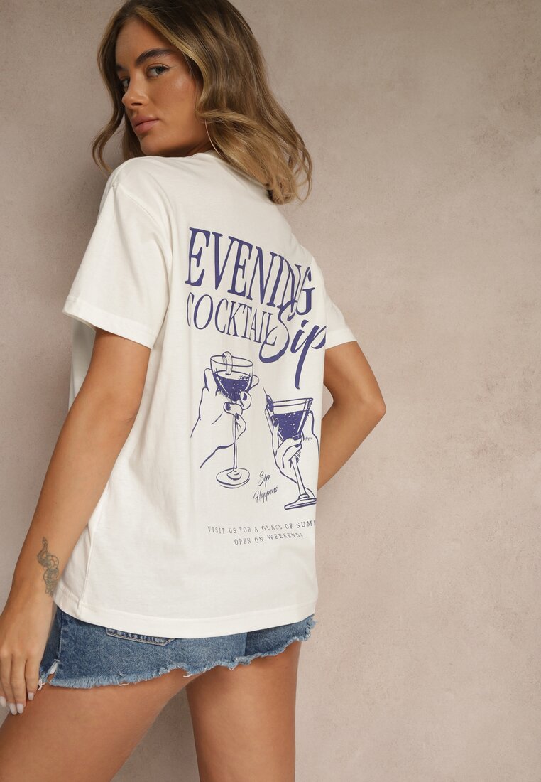 Jasnobeżowy T-shirt z Bawełny z Nadrukiem Adferia
