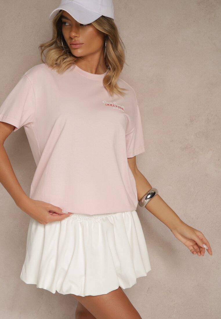 Jasnoróżowy T-shirt z Bawełny z Nadrukiem Adferia