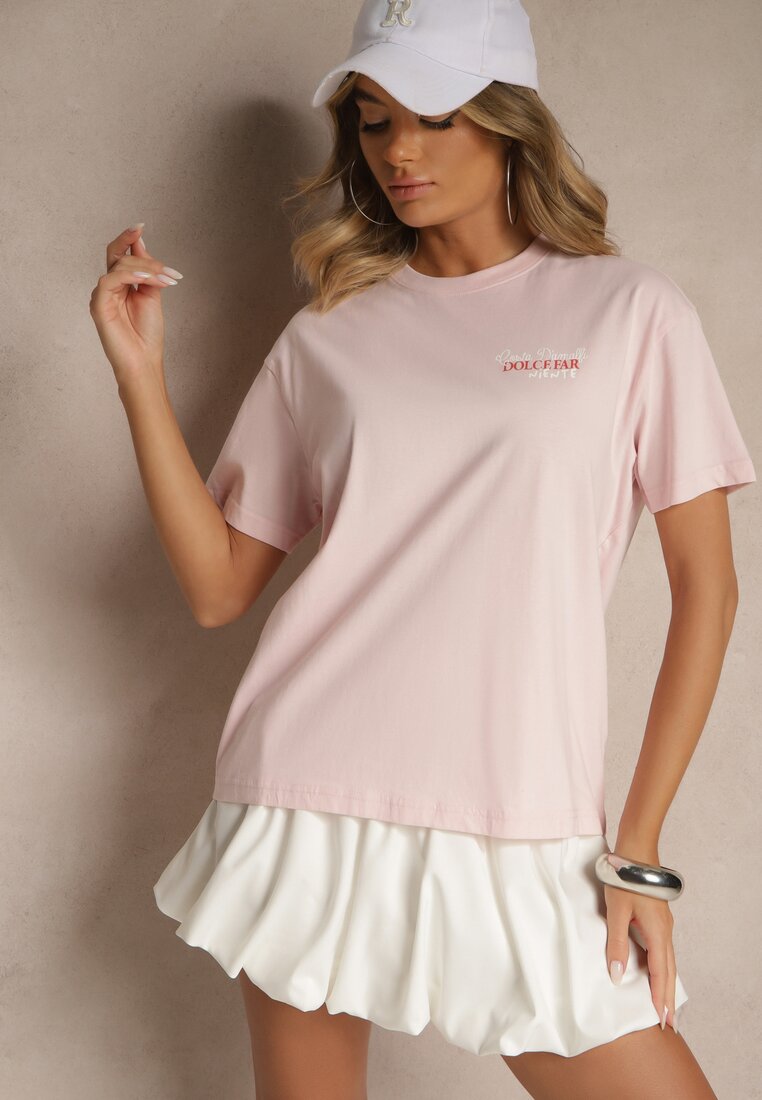 Jasnoróżowy T-shirt z Bawełny z Nadrukiem Adferia