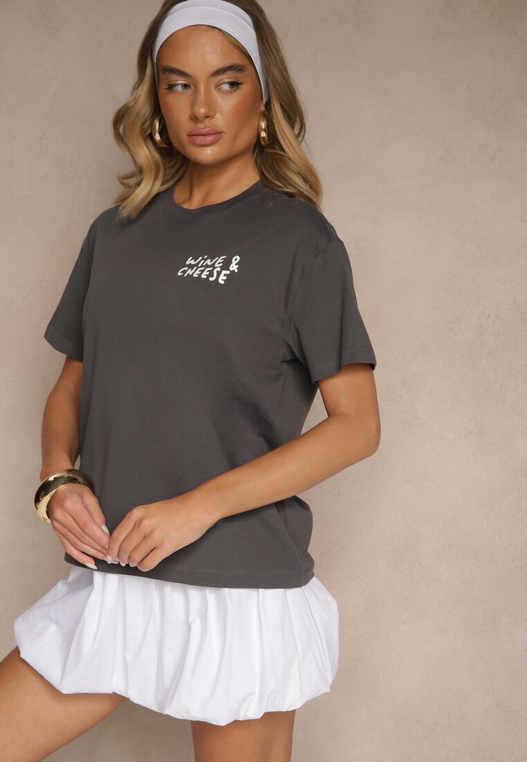 Ciemnoszary T-shirt z Bawełny z Nadrukiem Adferia
