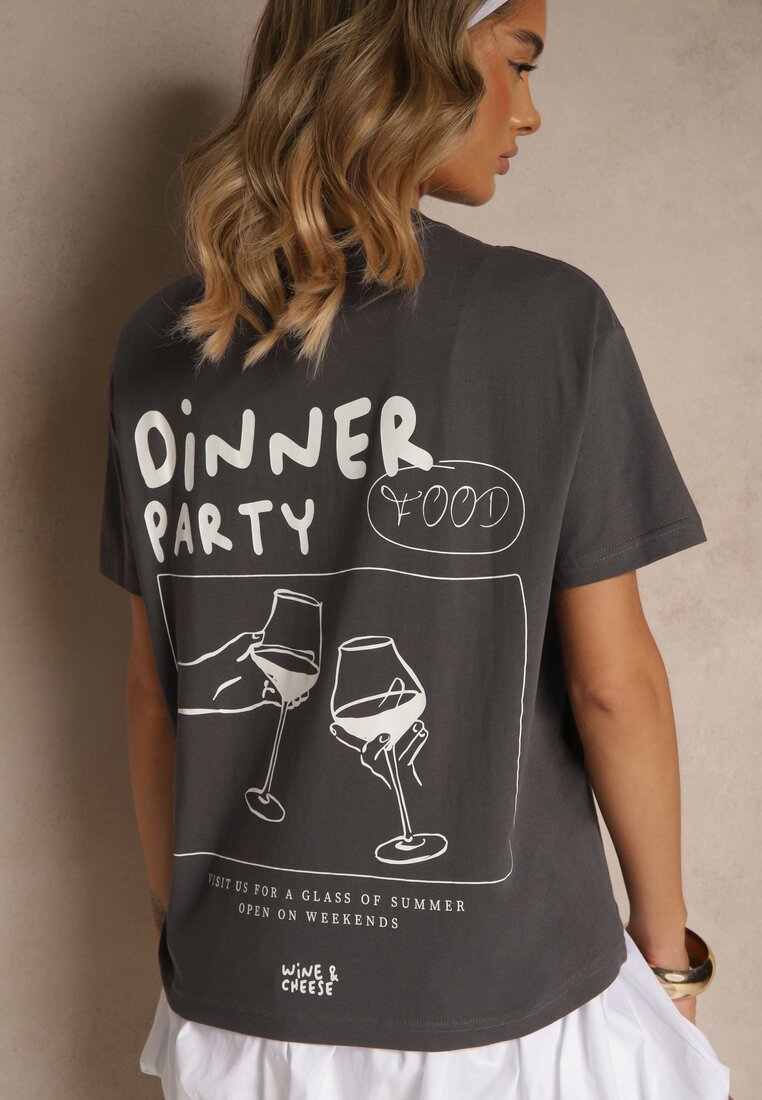 Ciemnoszary T-shirt z Bawełny z Nadrukiem Adferia