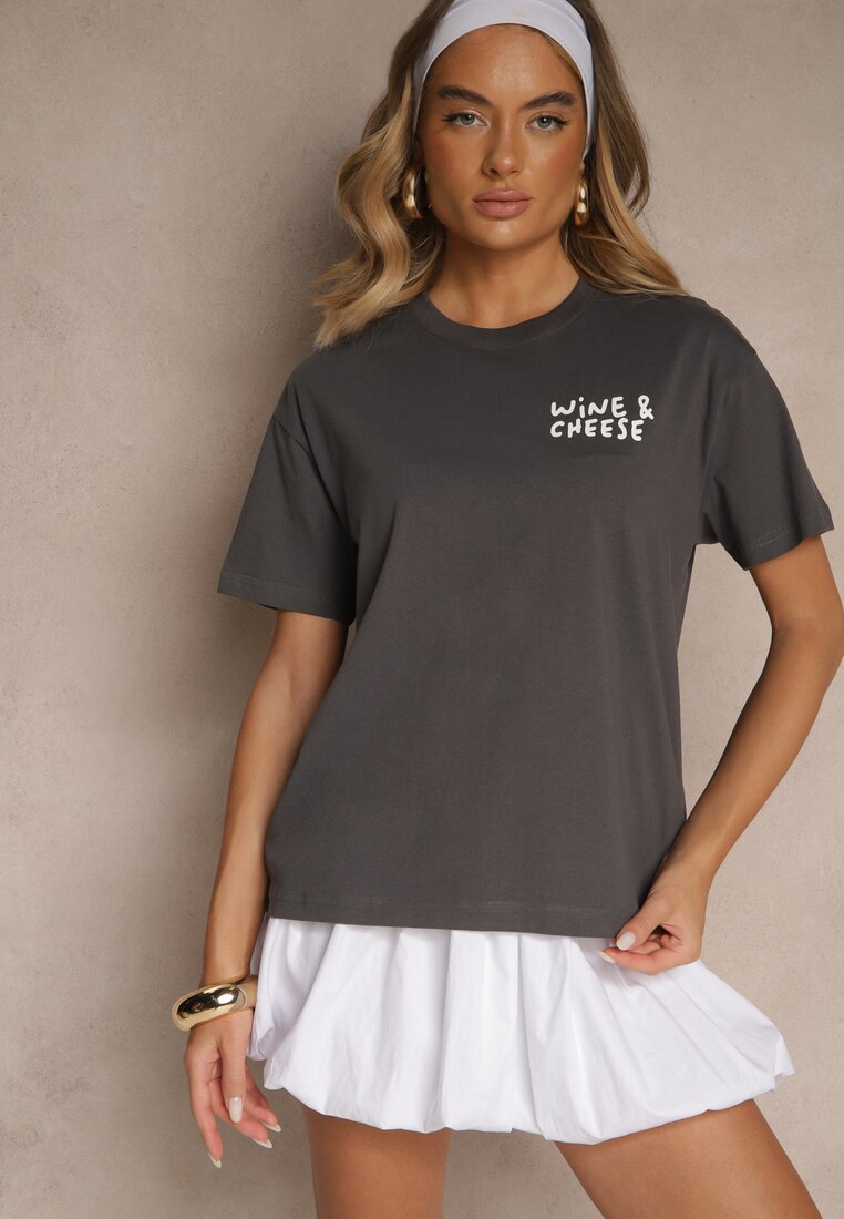 Ciemnoszary T-shirt z Bawełny z Nadrukiem Adferia