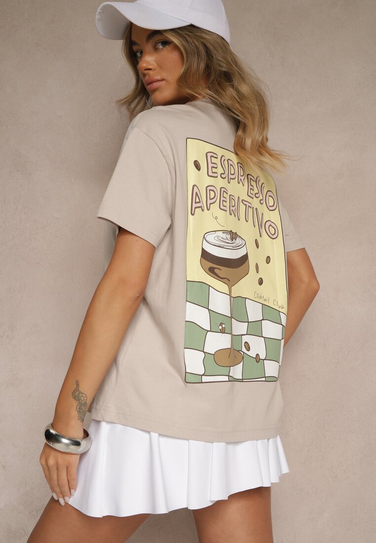 Beżowy T-shirt Oversize z Bawełny Ozdobiony Nadrukiem Filiora