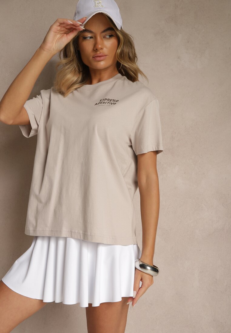 Beżowy T-shirt Oversize z Bawełny Ozdobiony Nadrukiem Filiora