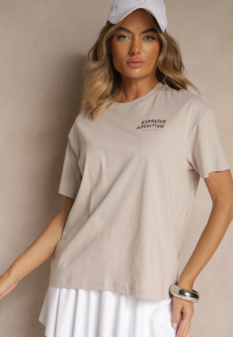Beżowy T-shirt Oversize z Bawełny Ozdobiony Nadrukiem Filiora