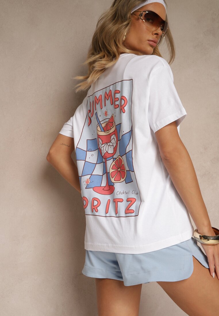 Biało-Niebieski T-shirt Oversize z Bawełny Ozdobiony Nadrukiem Filiora