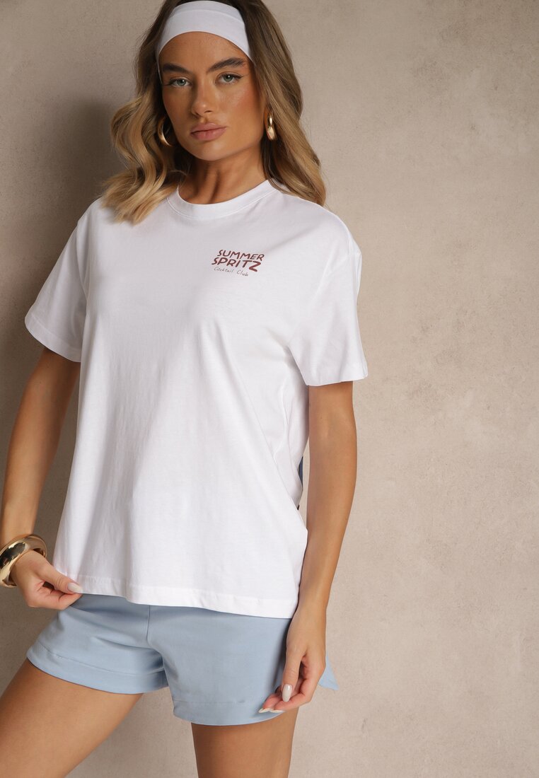 Biało-Niebieski T-shirt Oversize z Bawełny Ozdobiony Nadrukiem Filiora