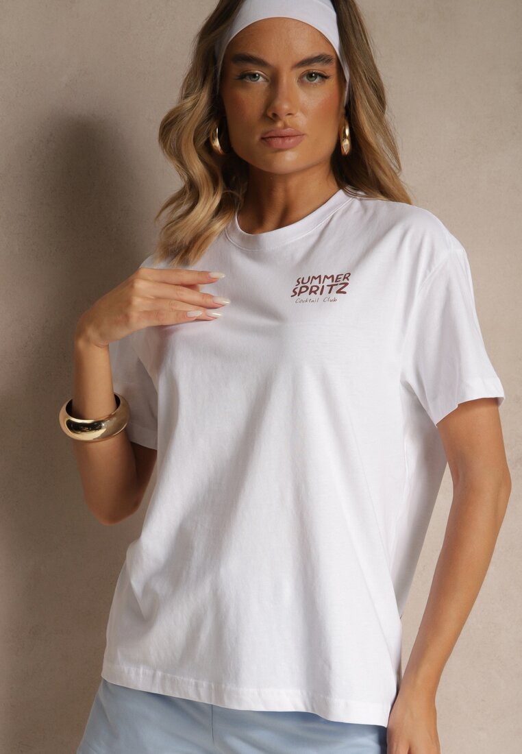 Biało-Niebieski T-shirt Oversize z Bawełny Ozdobiony Nadrukiem Filiora