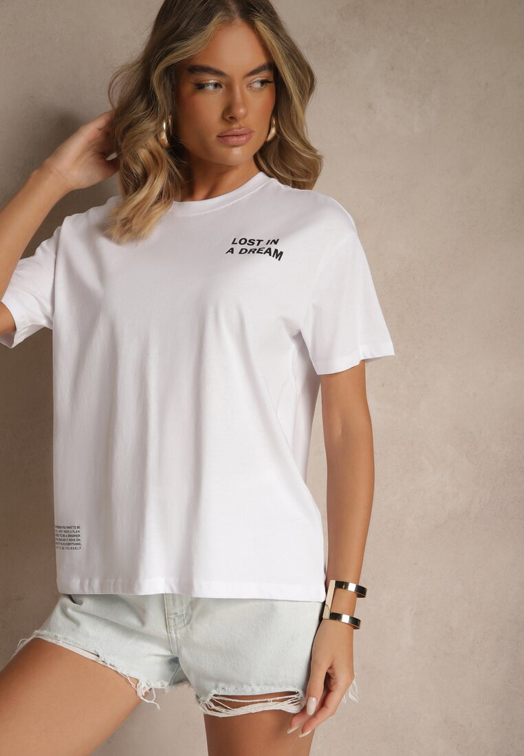 Biało-Różowy T-shirt z Bawełny Ozdobiony Nadrukiem Adneria