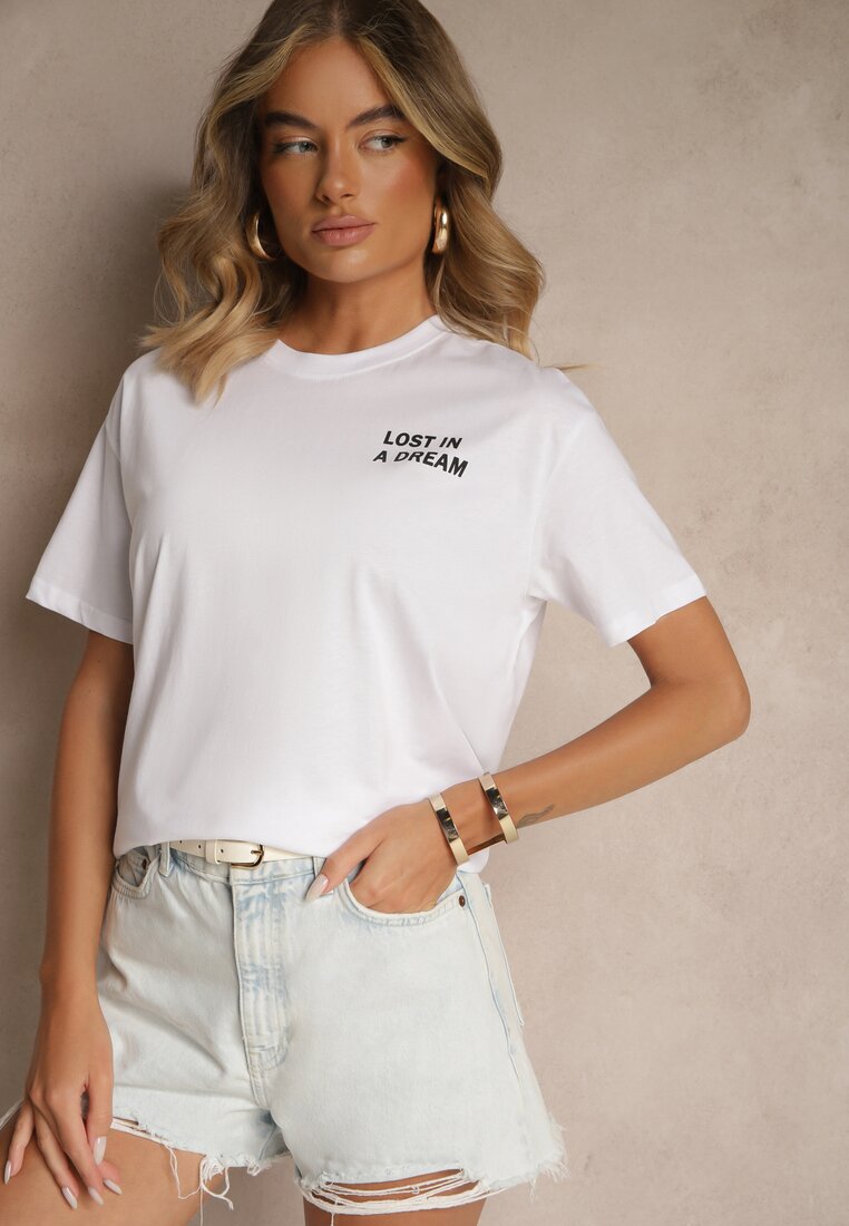 Biało-Różowy T-shirt z Bawełny Ozdobiony Nadrukiem Adneria