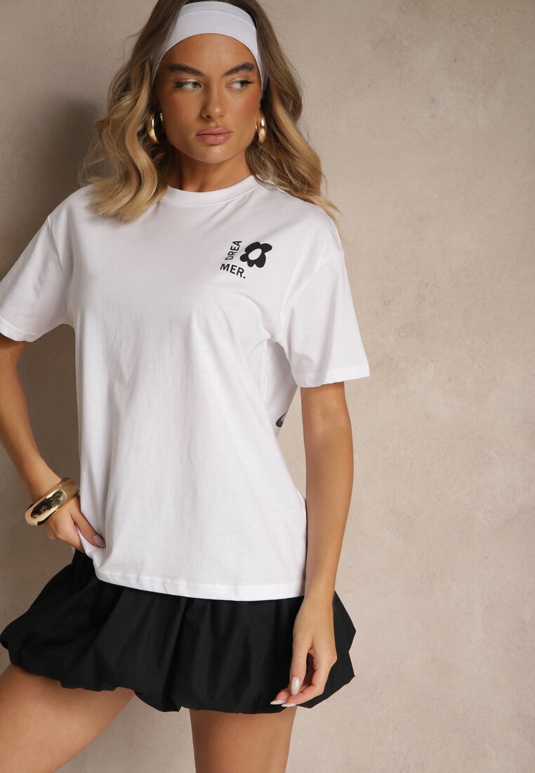 Biało-Niebieski T-shirt z Bawełny Ozdobiony Nadrukiem Adneria