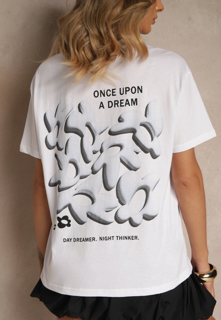 Biało-Niebieski T-shirt z Bawełny Ozdobiony Nadrukiem Adneria