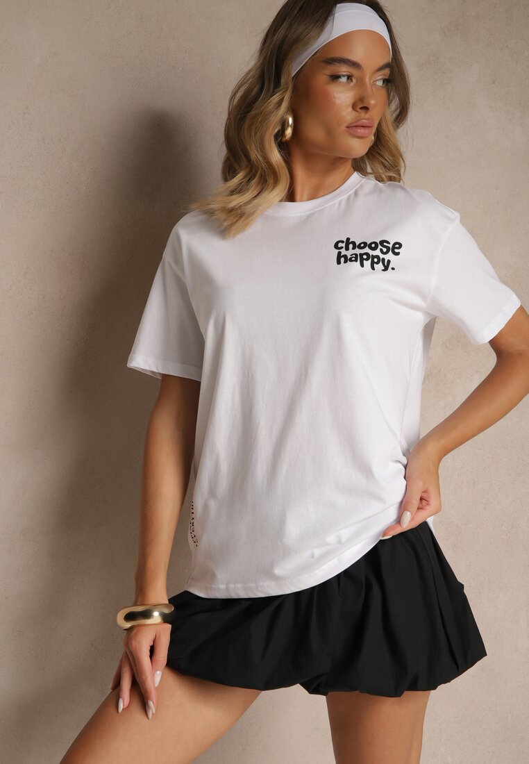 Biało-Fioletowy T-shirt z Bawełny Ozdobiony Nadrukiem Adneria