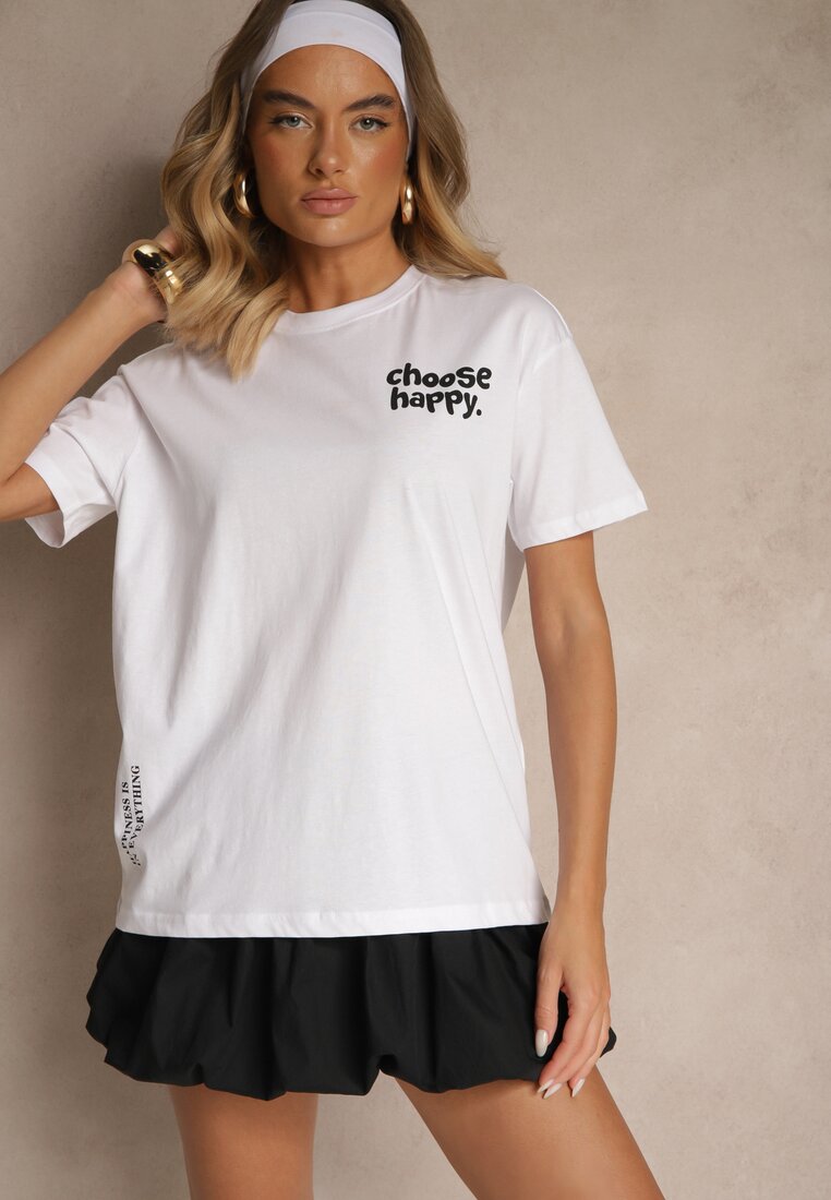 Biało-Fioletowy T-shirt z Bawełny Ozdobiony Nadrukiem Adneria